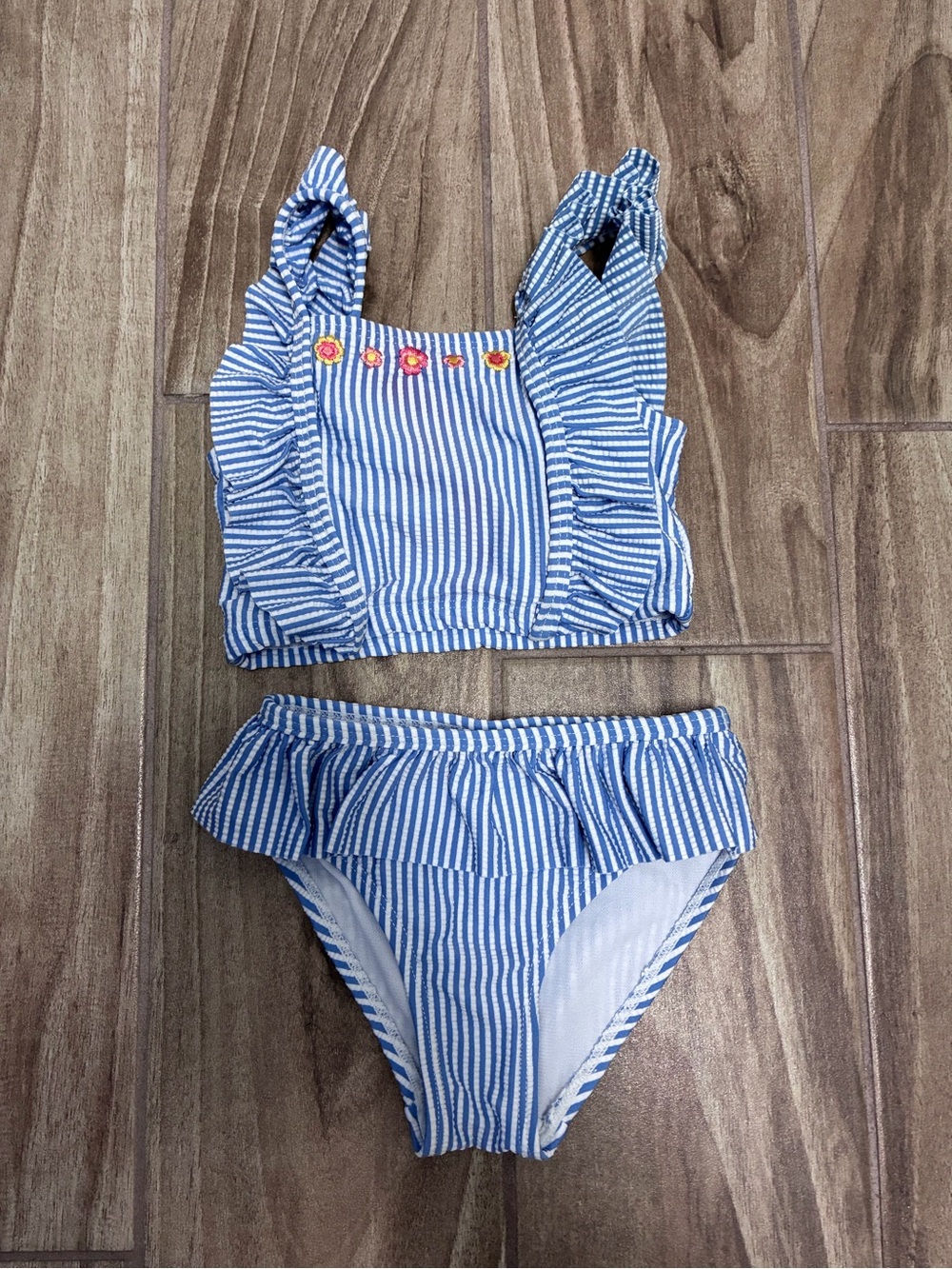 Blue Striped Ruffle Two-Piece Kids Swim Set